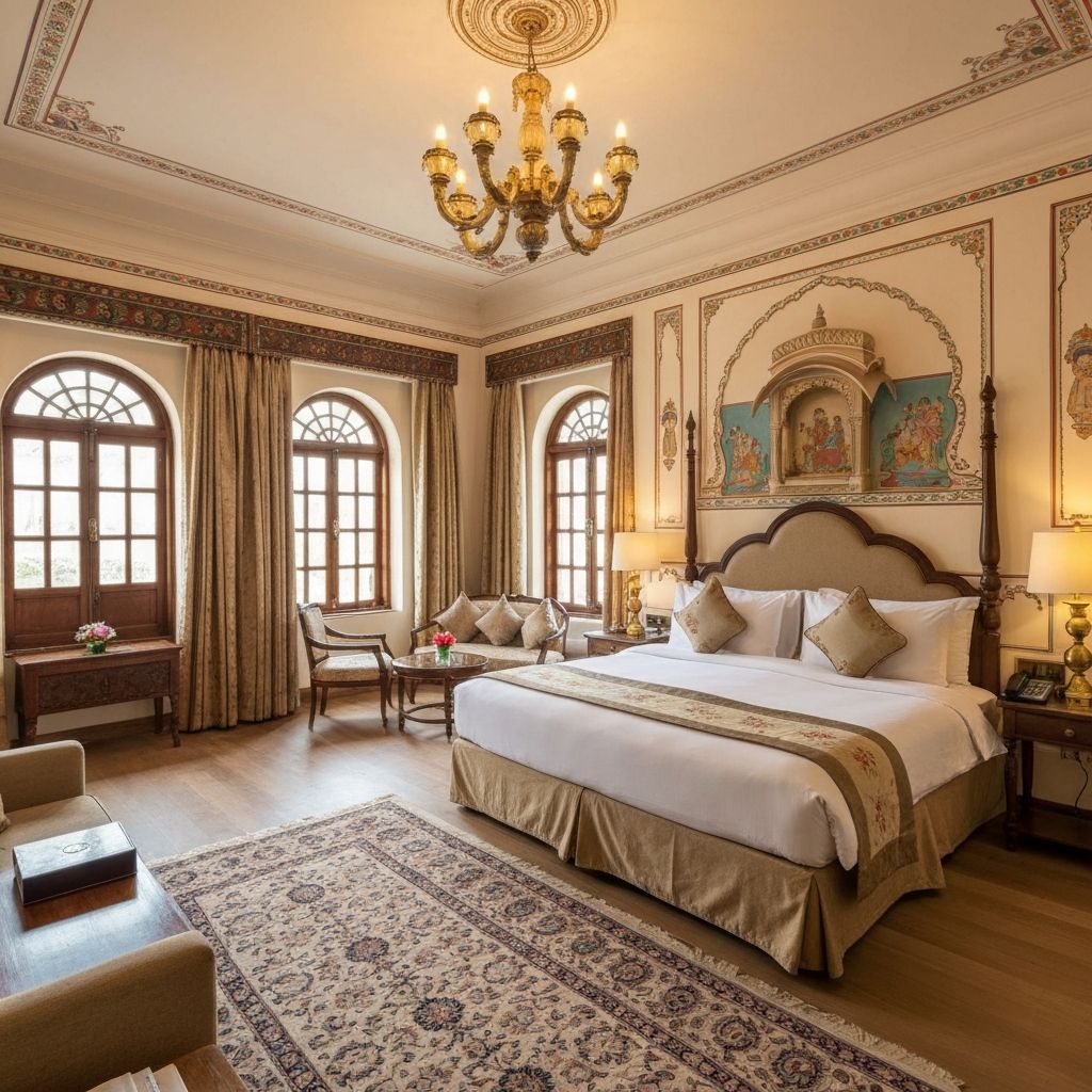 Heritage Deluxe room at Ananth Aravali Resort featuring traditional Rajasthani decor, king bed, and mountain views